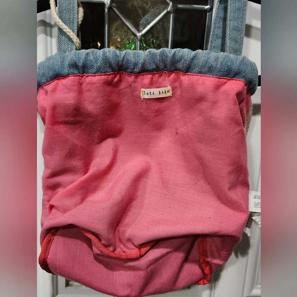 Zara Baby Embroidered Light Wash Denim Sling Drawstring Mini Backpack